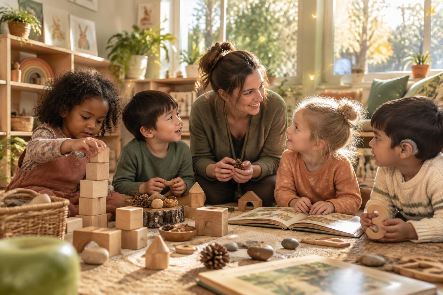 A diverse group of young children learning with an early years practitioner in a warm nursery classroom