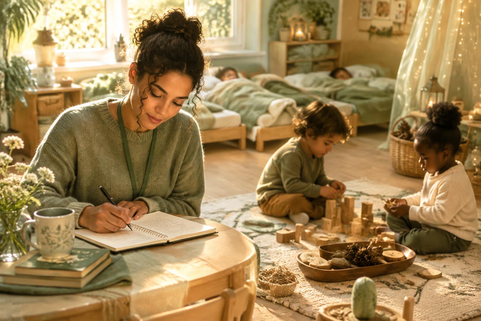 A nursery practitioner quietly writing reflection notes while young children play nearby in soft natural light