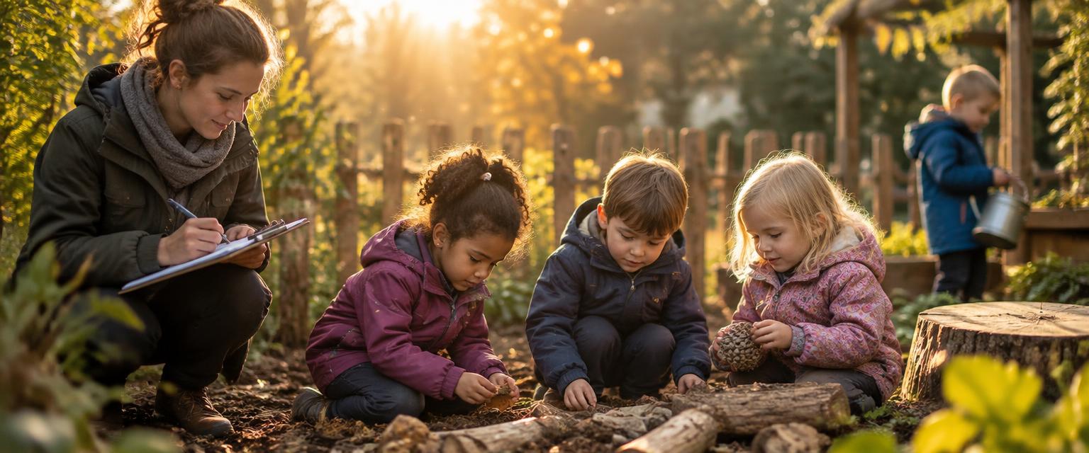 Practitioner writing observation notes while children play outdoors
