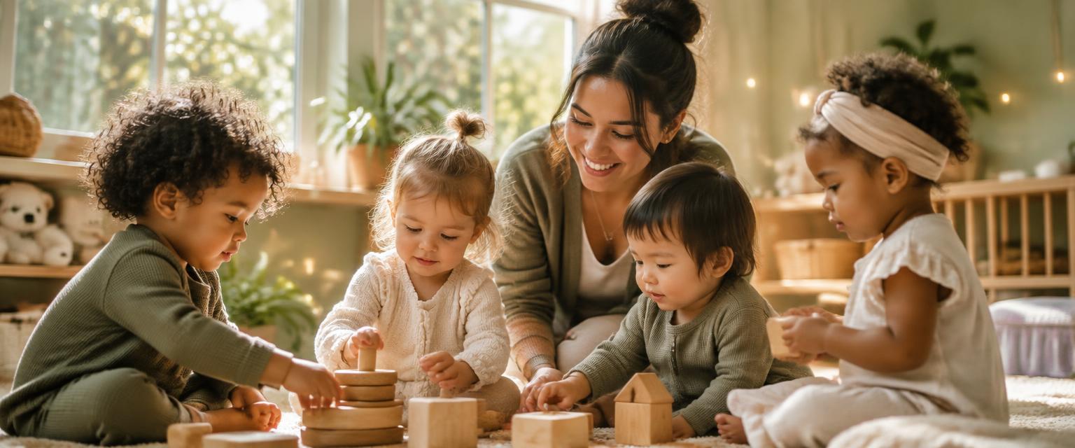 Diverse toddlers and an educator exploring a sunlit nursery room